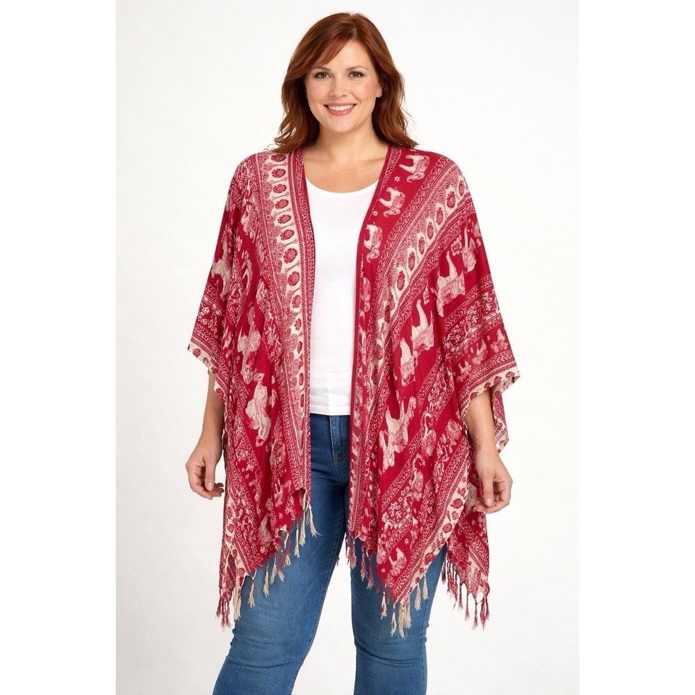 Kalmandu Imports Red Elephant Print Boho Kimono‎ Ruana Fringe